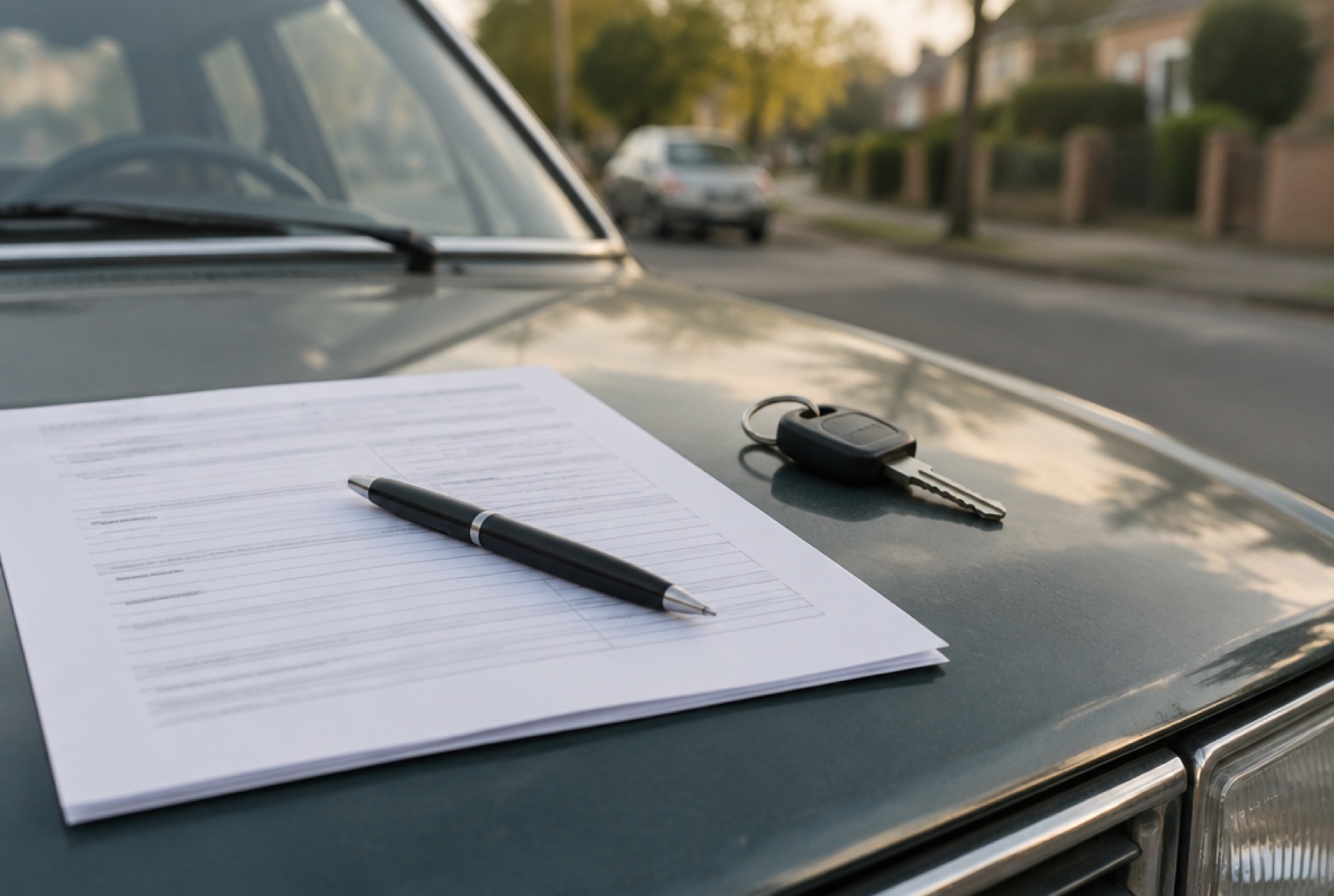 Car keys and a signed handwritten receipt resting on the bonnet of a car at handover