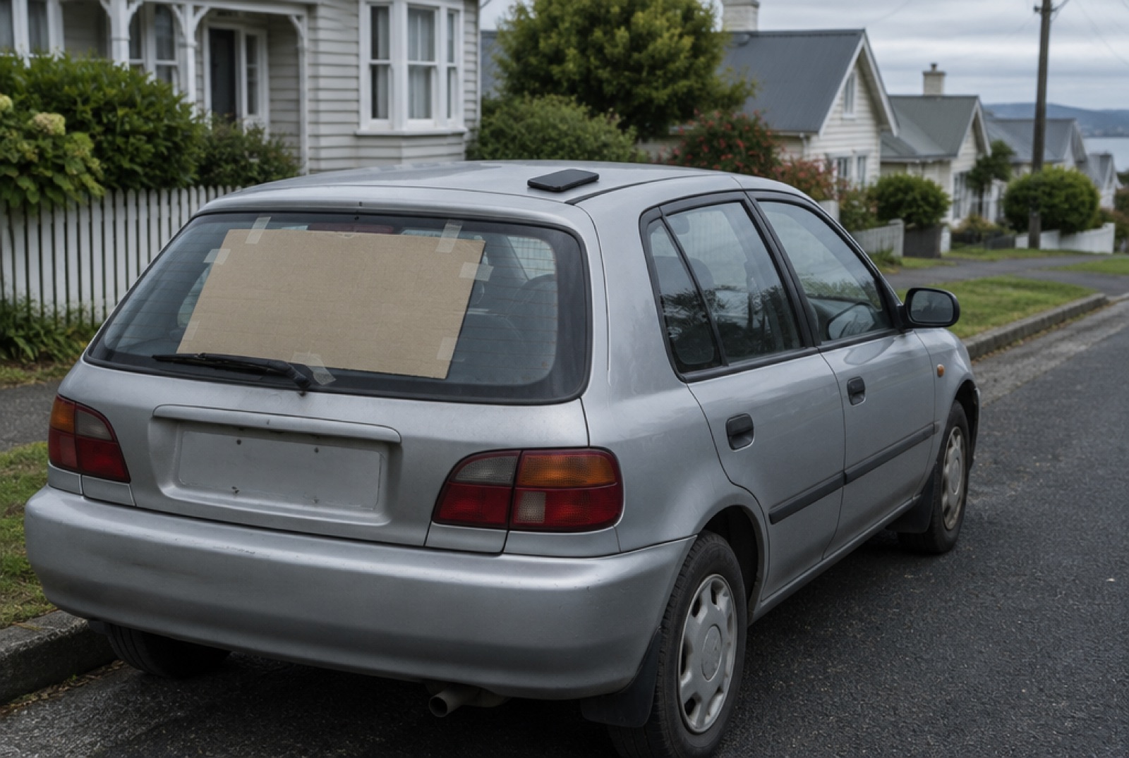 An older silver hatchback at a suburban kerb with a cardboard sign in the rear window