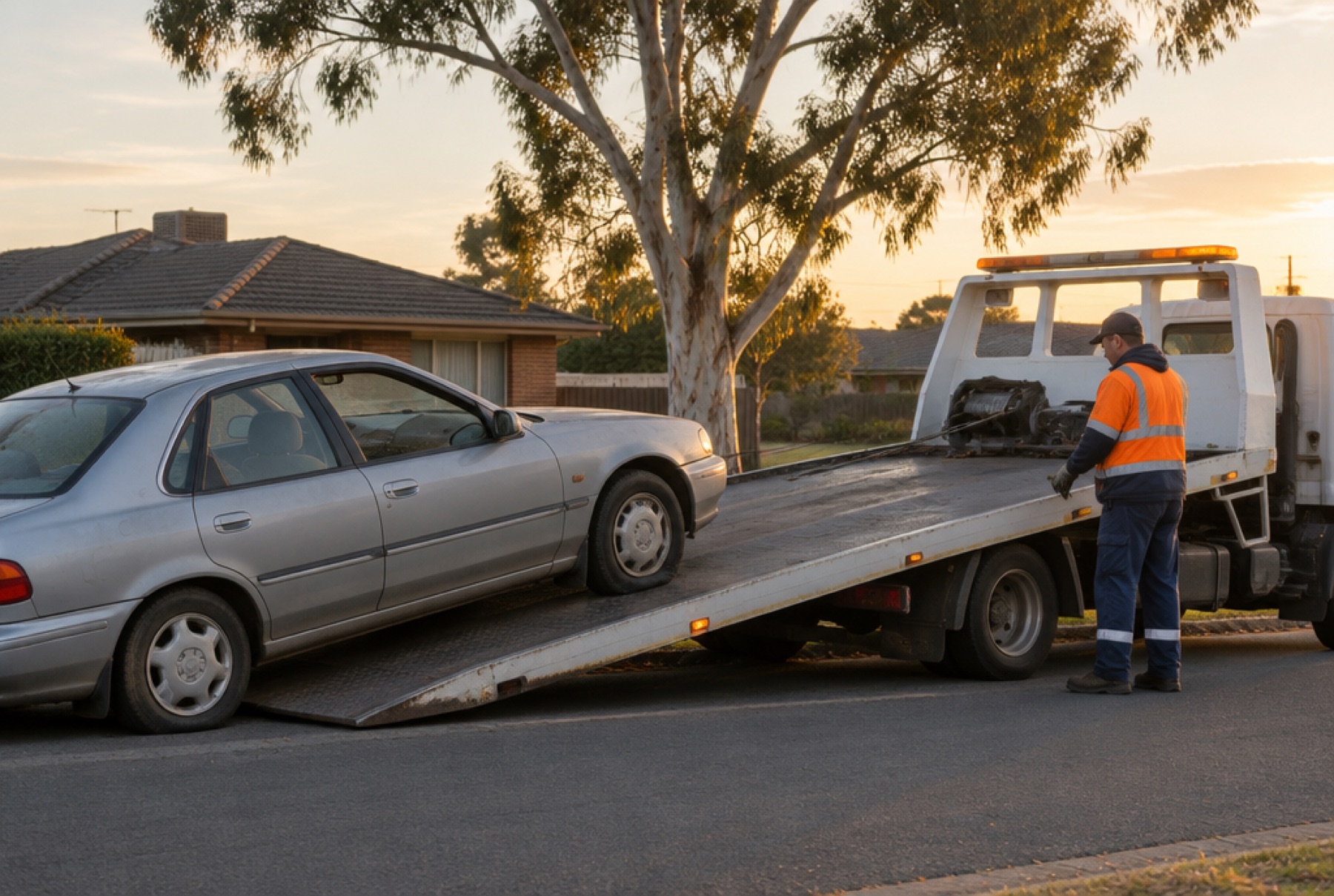 A tow truck driver in a hi-vis vest winching an old silver sedan onto the flatbed on a Melbourne street