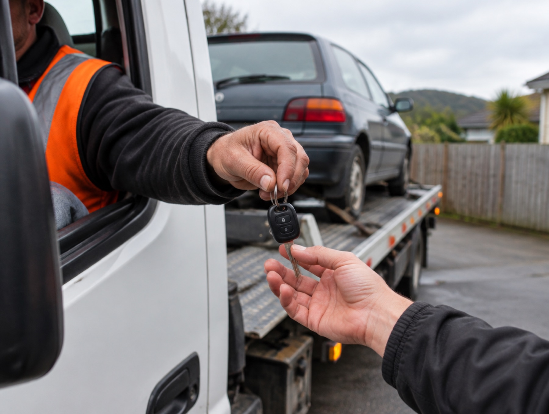 A tow operator in a hi-vis vest taking a set of car keys through the window of a truck cab